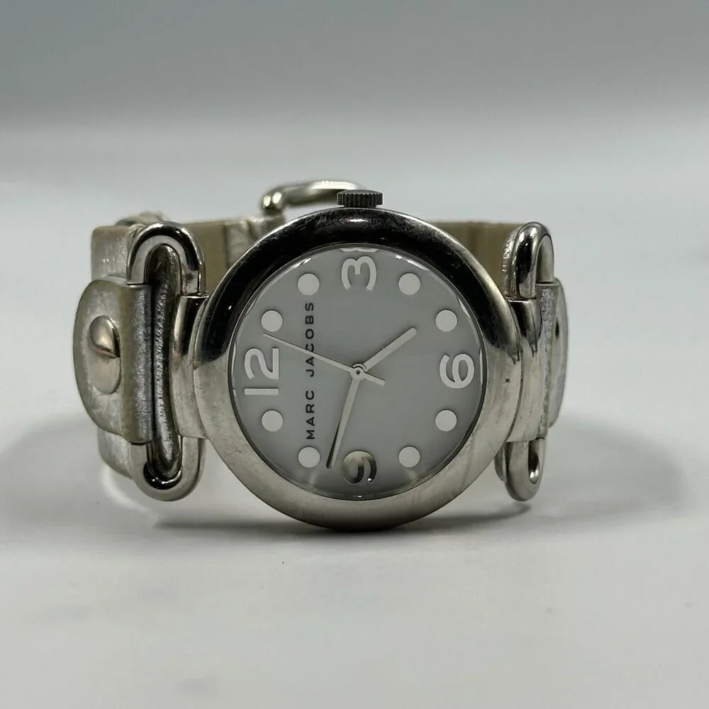 Marc Jacobs Watch Women Silver Tone White Dial Leather Band New Battery